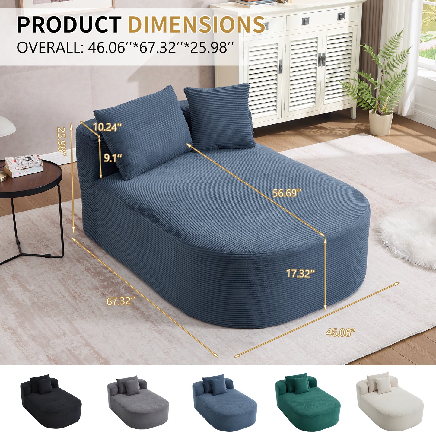 Blue Oversized Corduroy Chaise Lounge Sofa Bed with Deep Seat & Soft Pillows - detail view 4