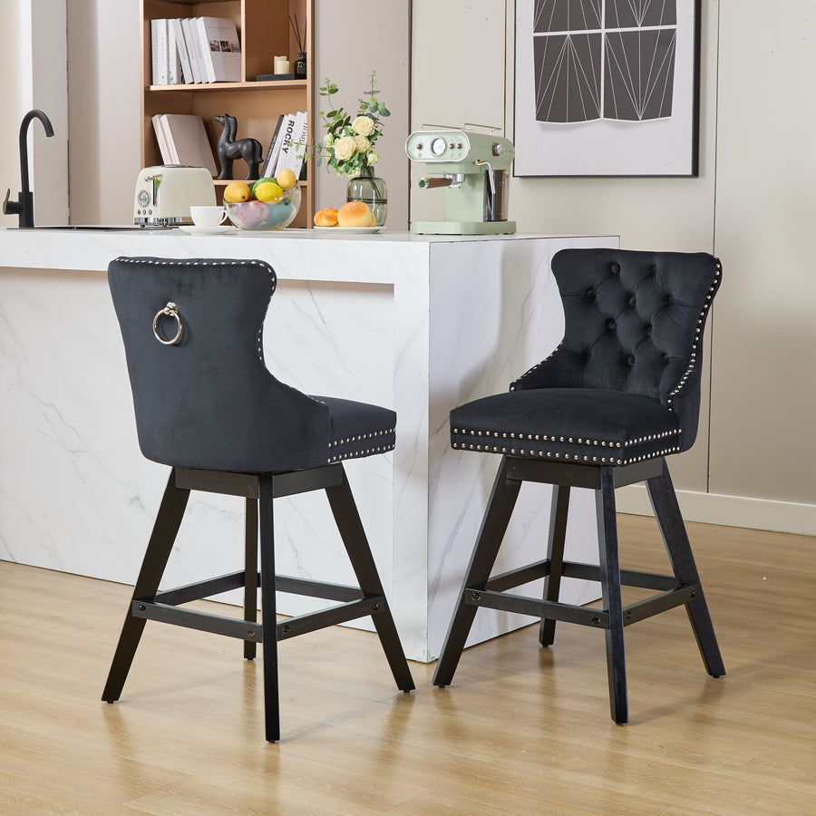 Black Fabric Tufted Nailhead Trim Bar Stool with Silver Legs (Set of 2)