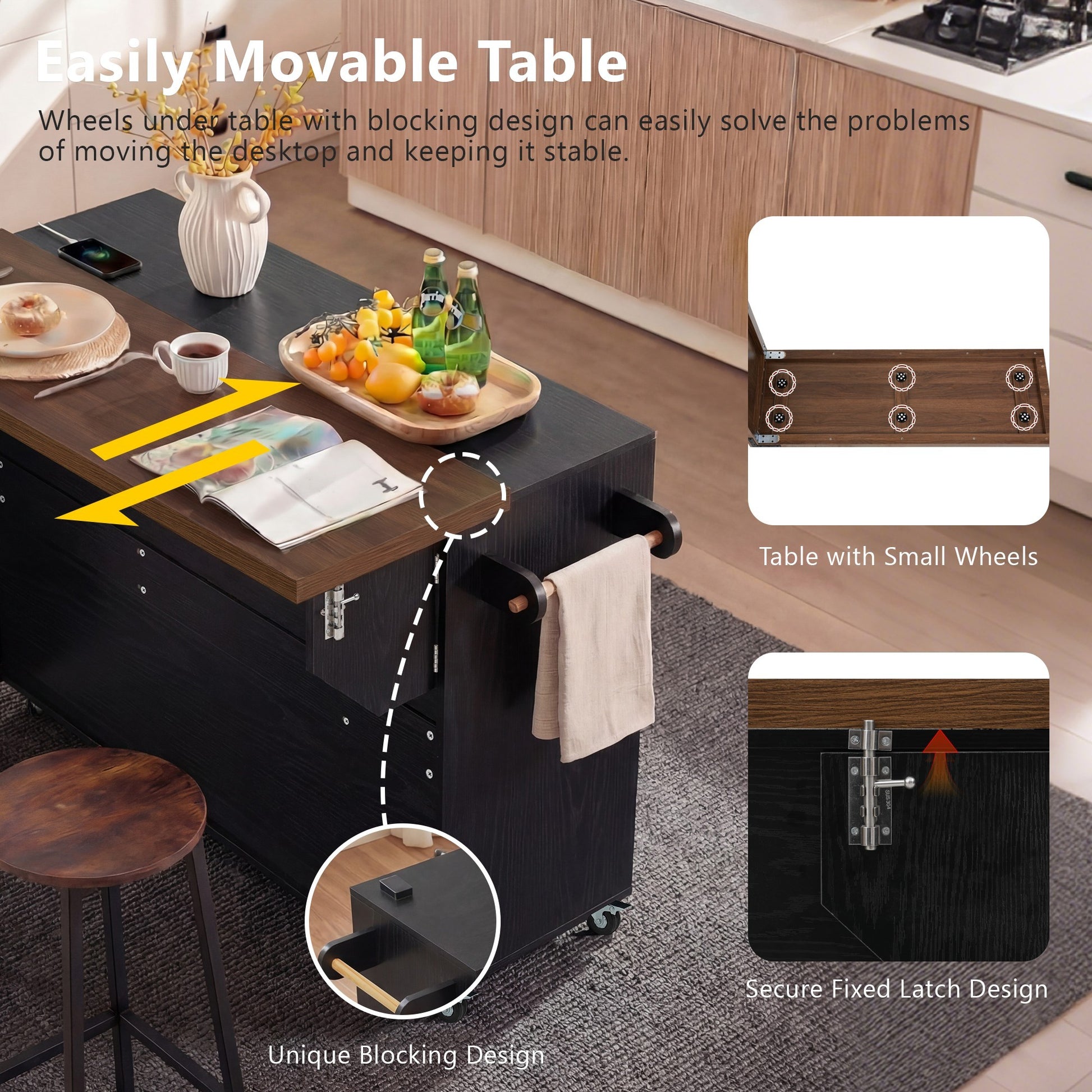 K&k 102.3' Kitchen Island with Extendable Dining Table - Black - detail view 7