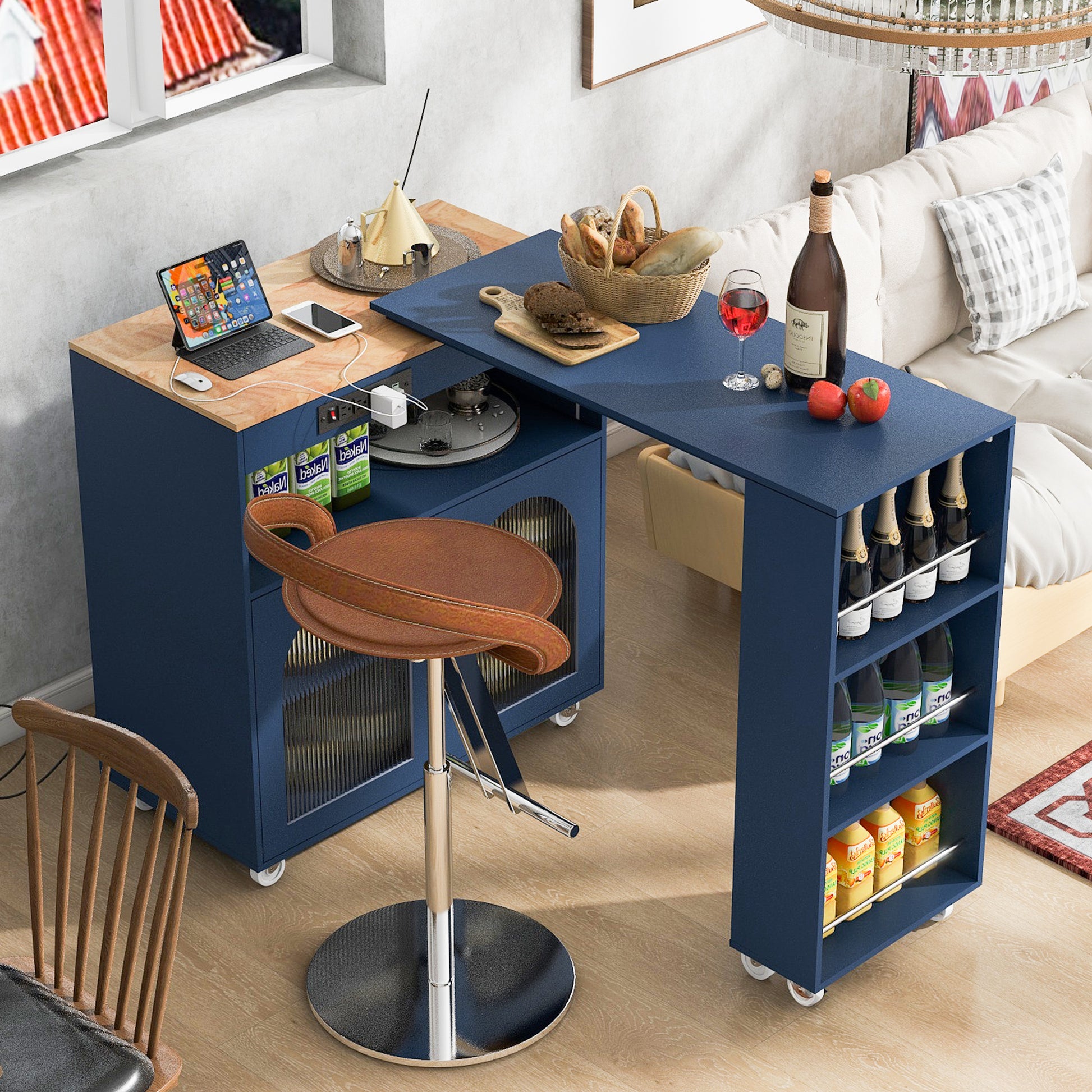 K&k Rolling Kitchen Island with Extended Table - Navy & Blue - detail view 5