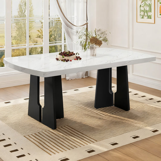 63' Modern Faux Marble Dining Table - Black/white Marble Top with Sturdy Geometric Legs, Stylish Kitchen & Dining Room Table for Dining - primary color shot