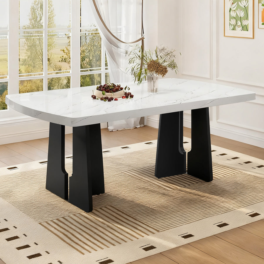 63' Modern Faux Marble Dining Table - Black/white Marble Top with Sturdy Geometric Legs, Stylish Kitchen & Dining Room Table for Dining - primary color shot