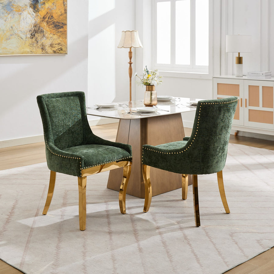 Olive Green Chenille Dining Chairs with Gold Legs (Set of 2)