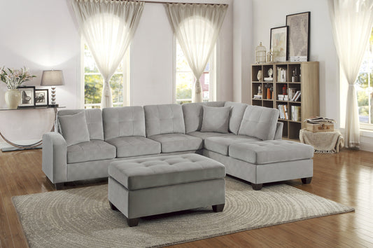 3-Piece Reversible Sectional with Chaise Ottoman Tufted Detail Taupe Microfiber Upholstered Modern Living Room Furniture L-Shape Sofa - primary image