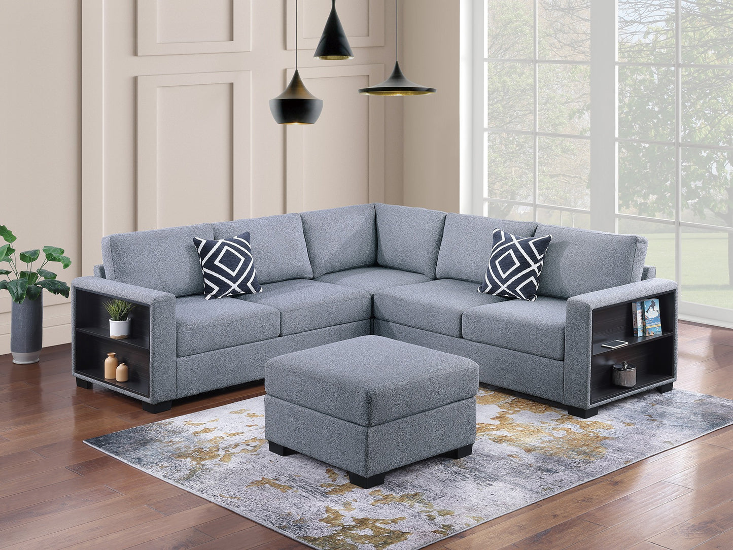 Contemporary Functional Sectional Sofa 4pc Set Gray Boucle Couch Loveseat w Built-in Shelfs Wedge, Ottoman Living Room Furniture L-Shaped Design Couch - primary color shot