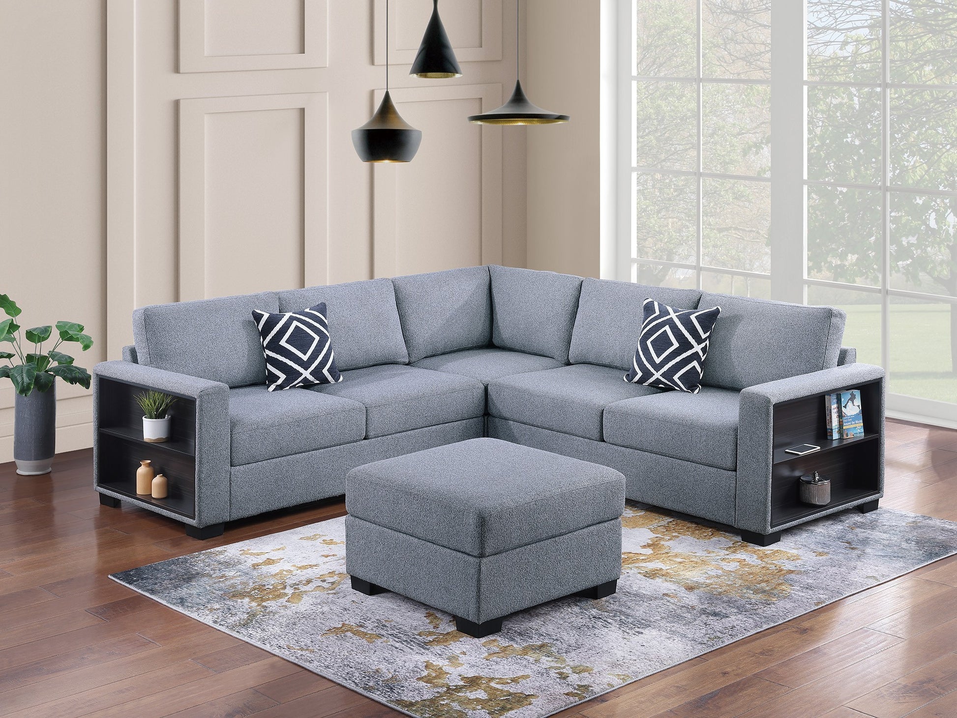 Contemporary Functional Sectional Sofa 4pc Set Gray Boucle Couch Loveseat w Built-in Shelfs Wedge, Ottoman Living Room Furniture L-Shaped Design Couch - primary color shot