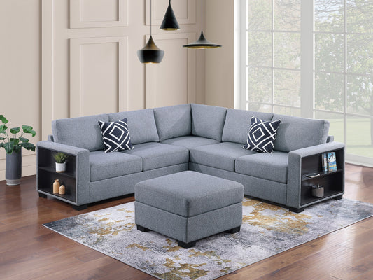 Contemporary Functional Sectional Sofa 4pc Set Gray Boucle Couch Loveseat w Built-in Shelfs Wedge, Ottoman Living Room Furniture L-Shaped Design Couch - primary color shot