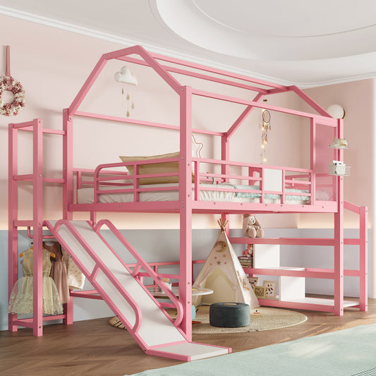 Full House Loft Bed with Slide and Stairs - Pink - primary color shot