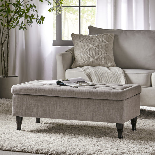 Hyatt Upholstered Storage Ottoman with Turned Legs, Gray