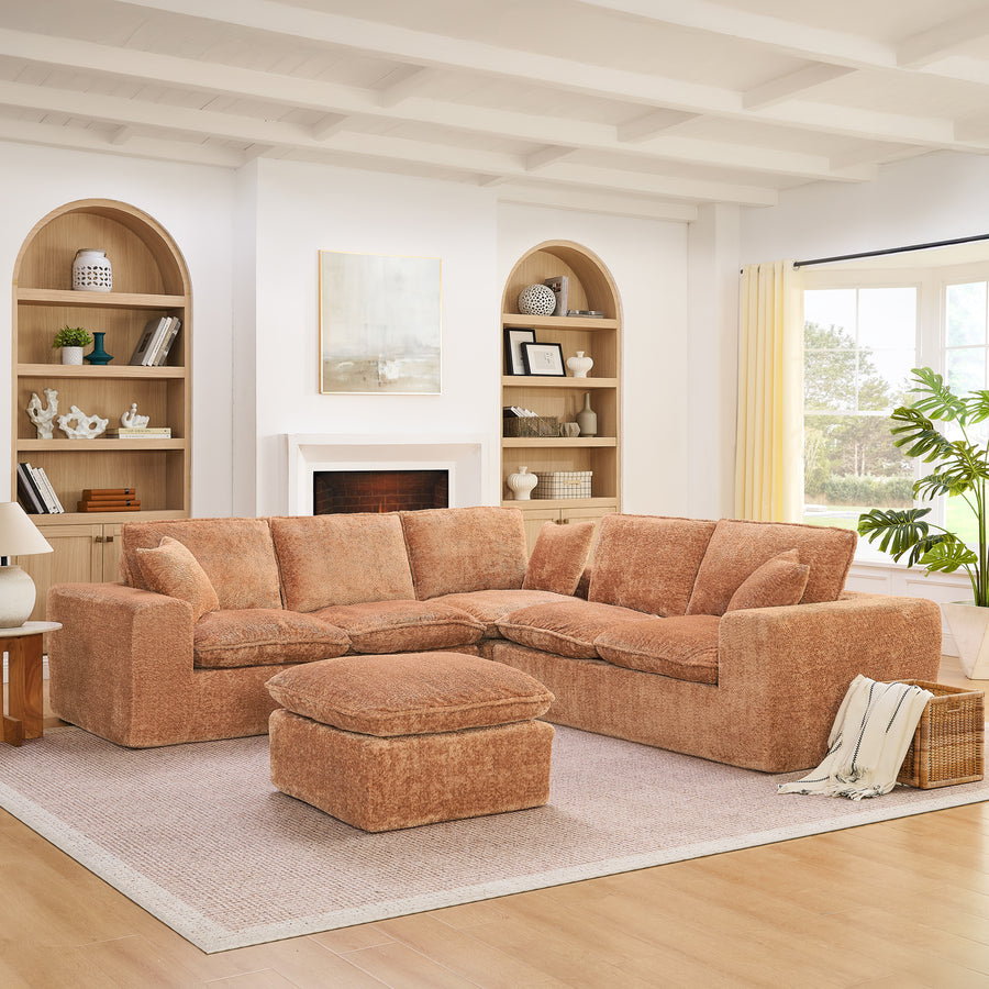 Modern Orange Boucle L-Shaped Sectional Sofa with Moveable Ottoman, 6-Person Comfy Cloud Couch with Pillows, DIY Modular Design - detail view 2