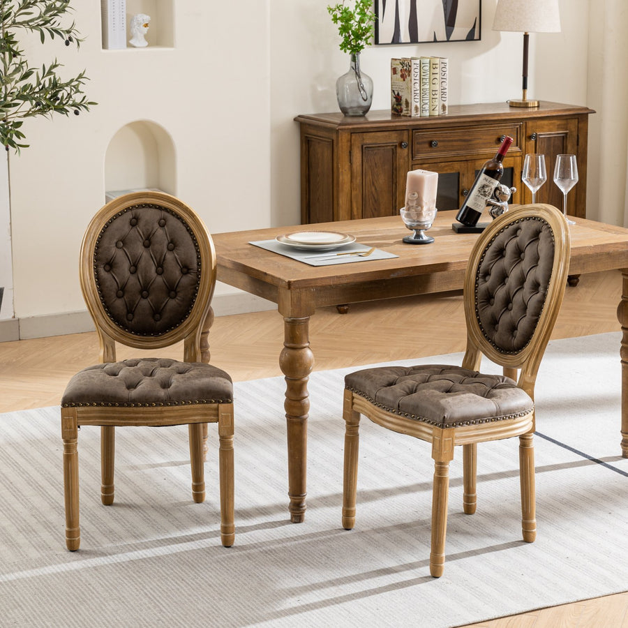 Brown PU Leather Nailhead Trim Dining Chairs with Wood Legs (Set of 2)