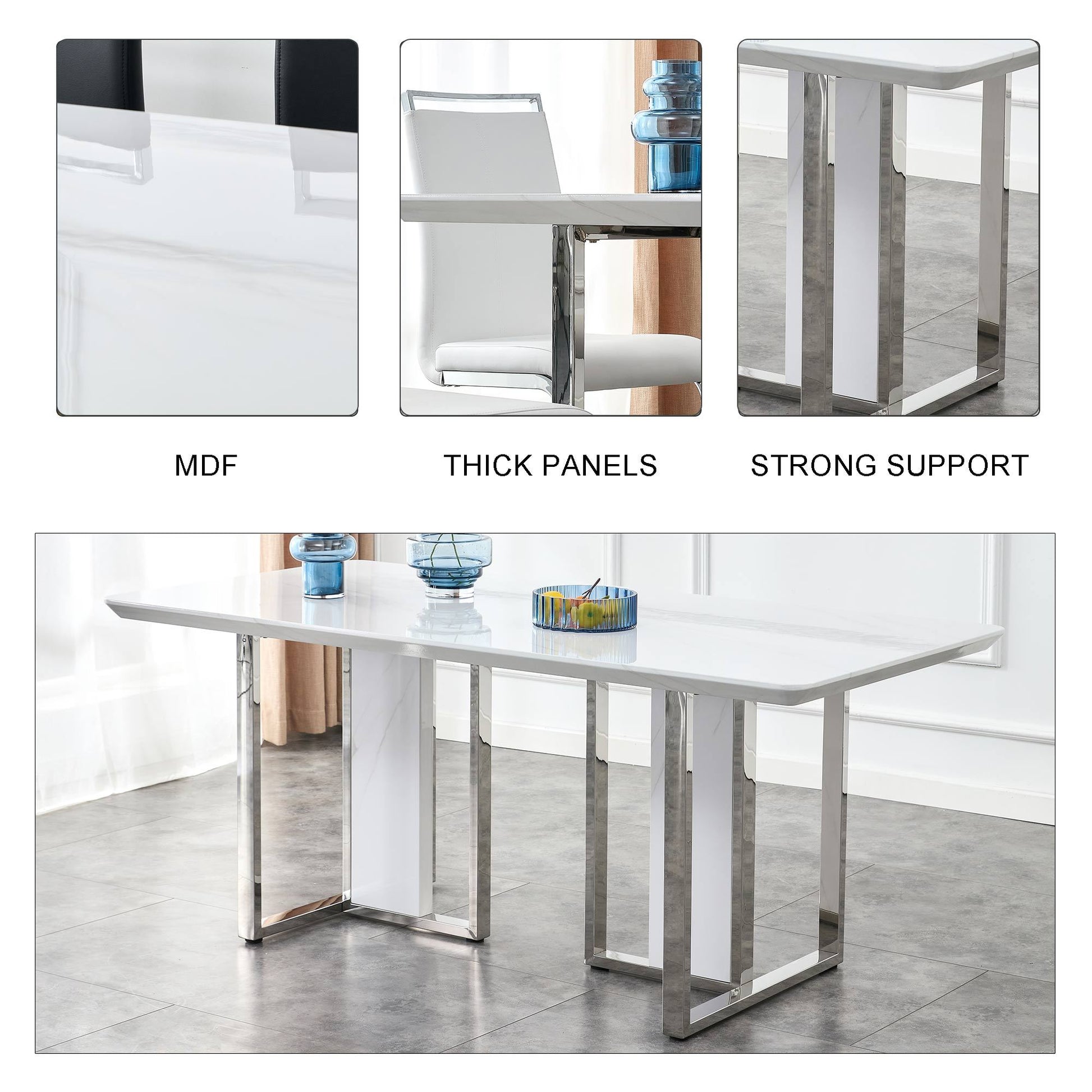 A Modern Minimalist & Luxurious White Rectangular with a Patterned Dining Table. MDF Table & Stainless Steel Frame. Computer Desk. Game Table. - detail view 4