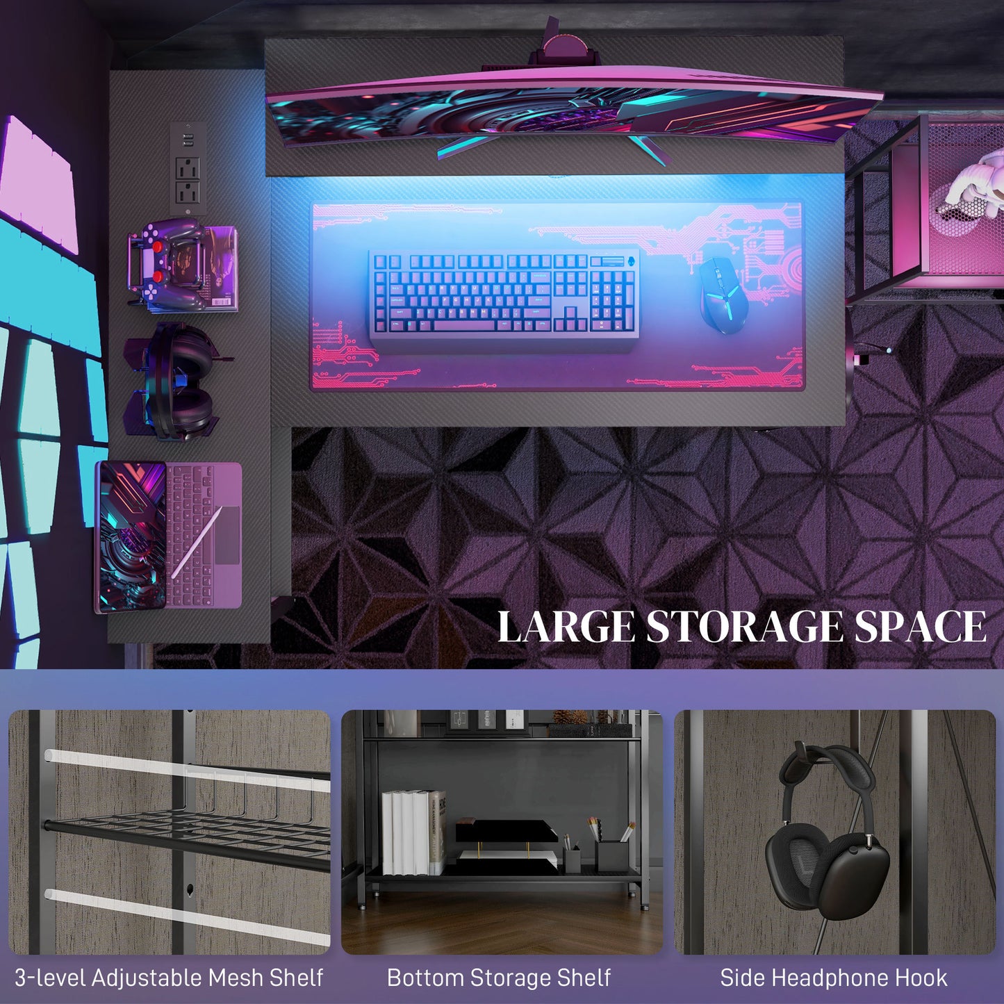 Wynn 42" L Shaped Desk with LED Lights, Power Outlet, USB Charging Ports, Black