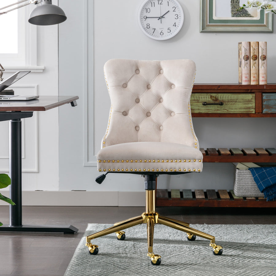 Beige Velvet Tufted Office Chair with Gold Legs