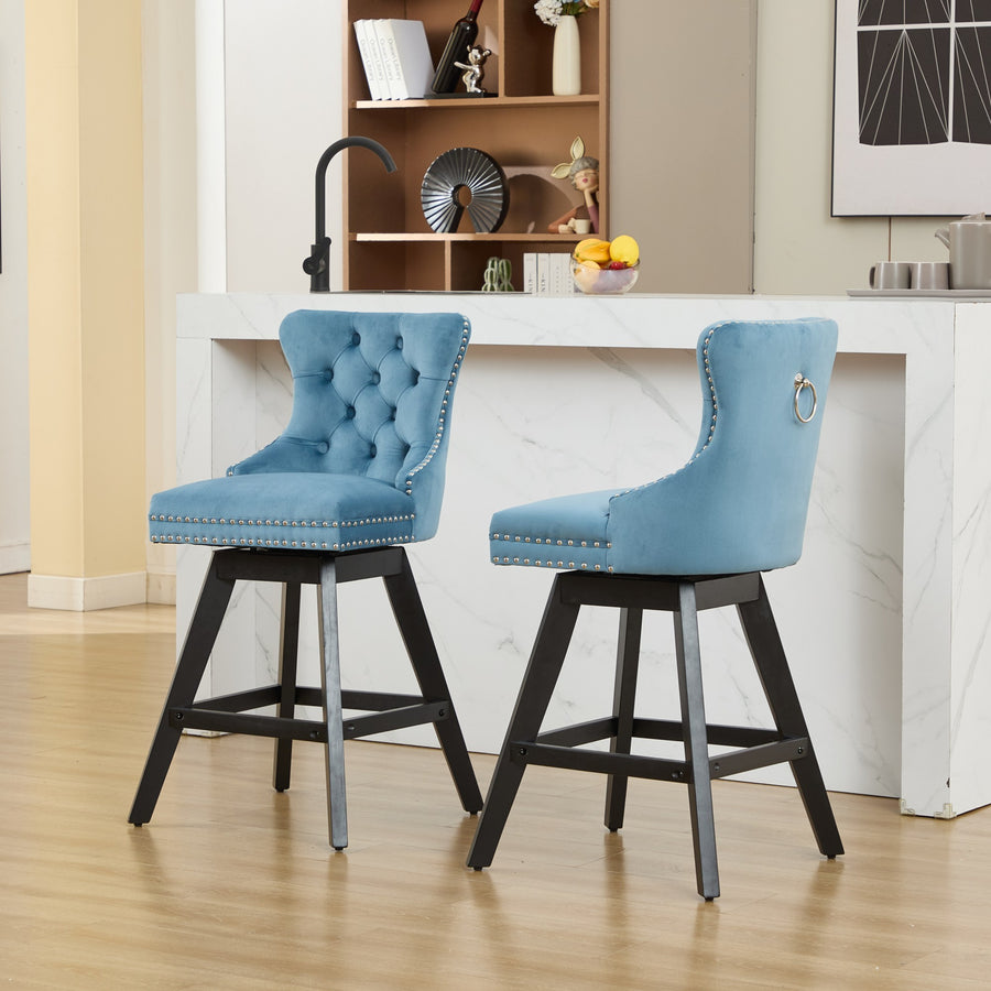 Light Blue Fabric Tufted Nailhead Trim Bar Stool with Silver Legs (Set of 2)