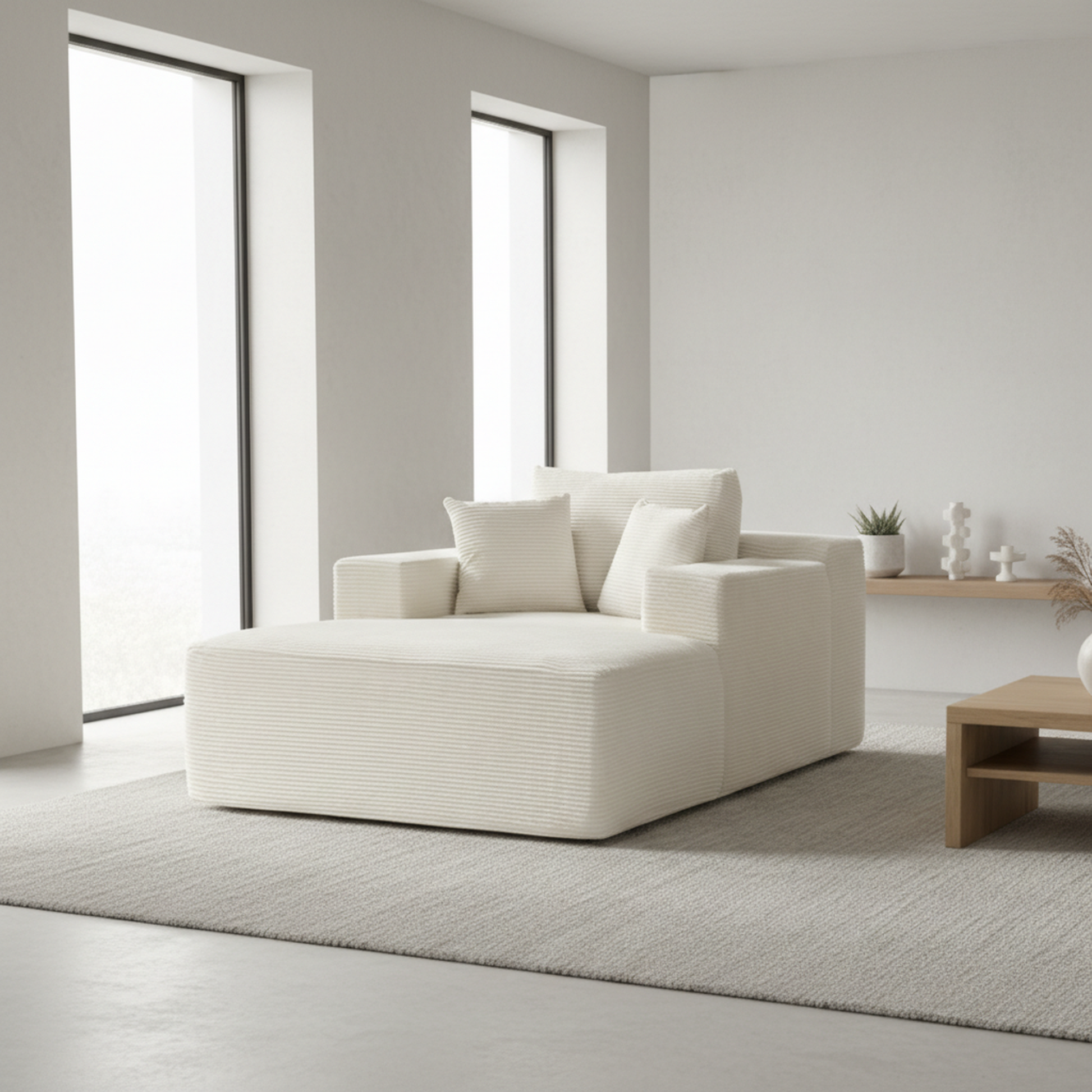 Convertible Chaise Lounge Chair Indoor – Oversized Corduroy Couch with Wide Armrest & Throw Pillows - Beige - detail view 4