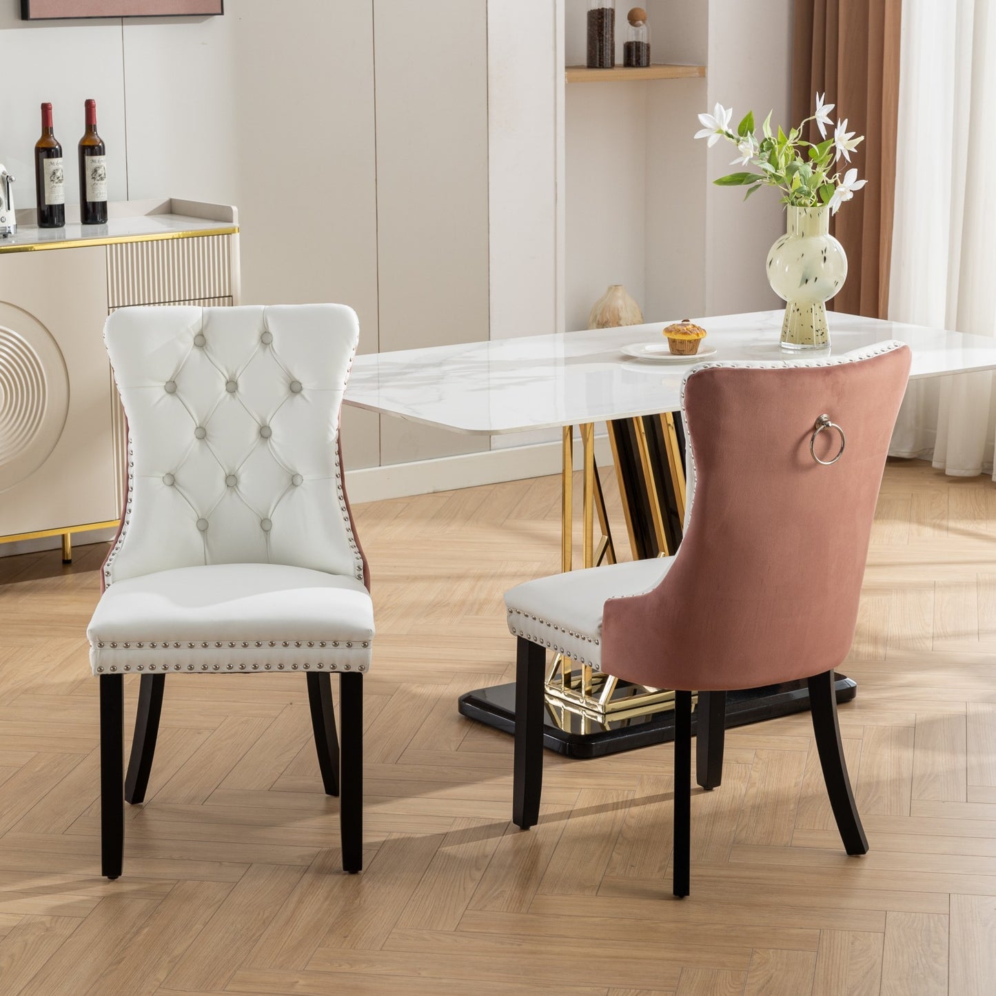 Niki Modern Side Chairs in White PU & Pink Velvet Set of 2