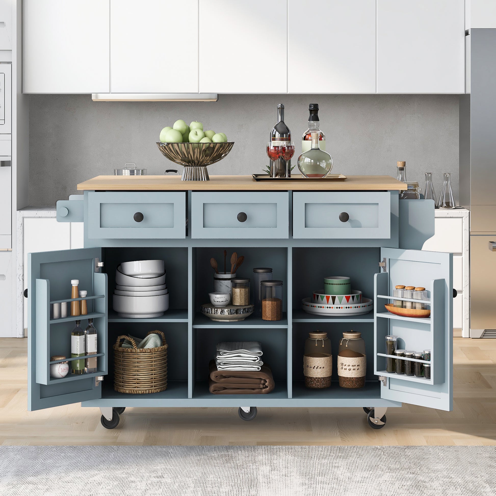 Kitchen Cart with Rubber Wood Drop-Leaf Countertop - Blue - primary color shot