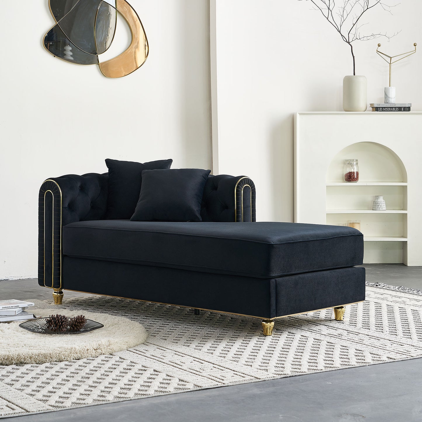 67" W Velvet Chaise Lounge - Black - primary color shot