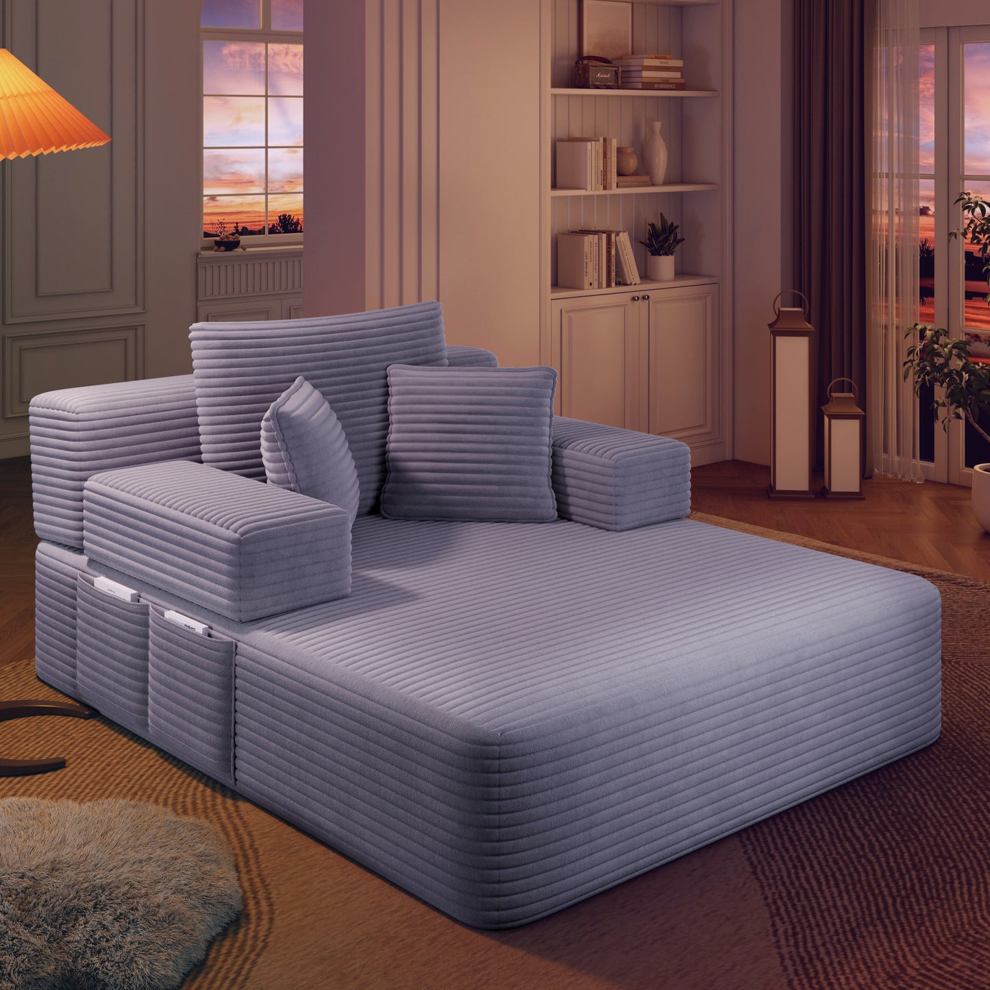 Luxurious Plush Corduroy Chaise Lounge with 3 Pillows - Purple - detail view 5