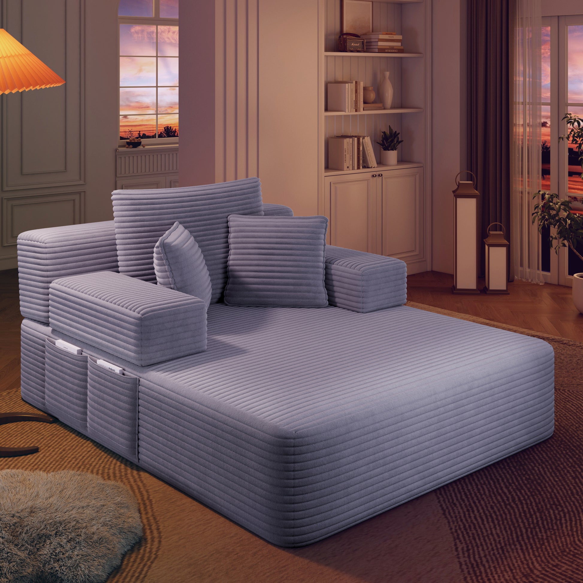 Luxurious Plush Corduroy Chaise Lounge with 3 Pillows - Purple - detail view 5
