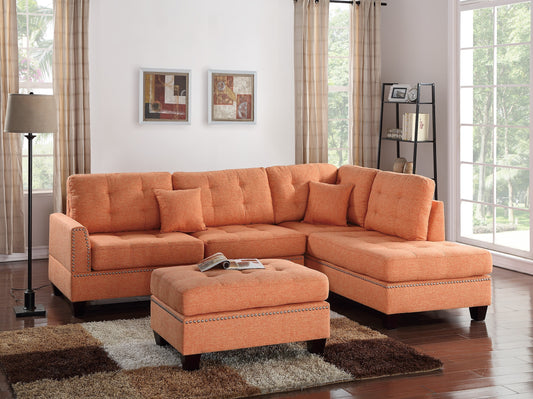 Modern Citrus Color 3pcs Sectional Living Room Furniture Reversible Chaise Sofa And Ottoman Tufted Polyfiber Linen Like Fabric Cushion Couch Pillows - detail view 2