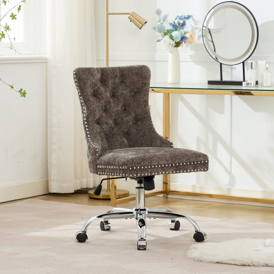 Gray Chenille Tufted Nailhead Trim Office Chair with Silver Legs