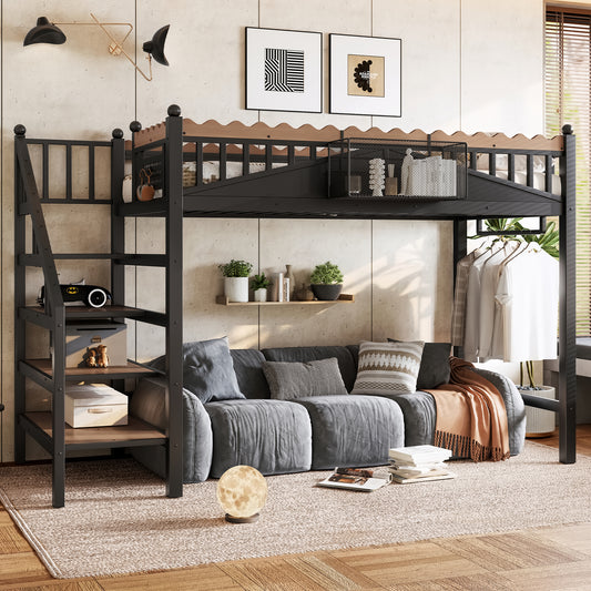 Twin XL Size Loft Bed with Storage Stairs - Black - primary color shot