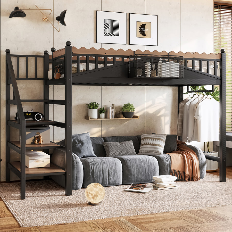 Twin XL Size Loft Bed with Storage Stairs - Black - primary color shot