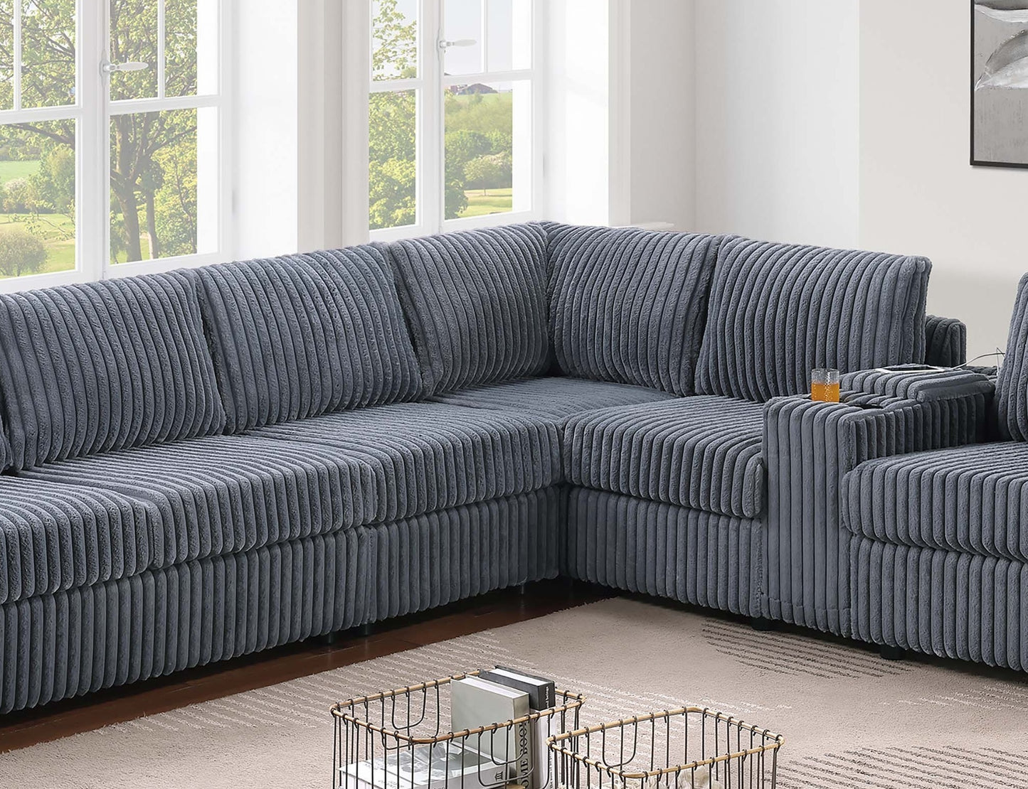 Modern Style L-Shape 4pc Sectional Set Dark Gray Finish Reversible Loveseat USB Ports Cup Holder Armless Chair Plastic Legs Corduroy Upholstered Primary - detail view 5