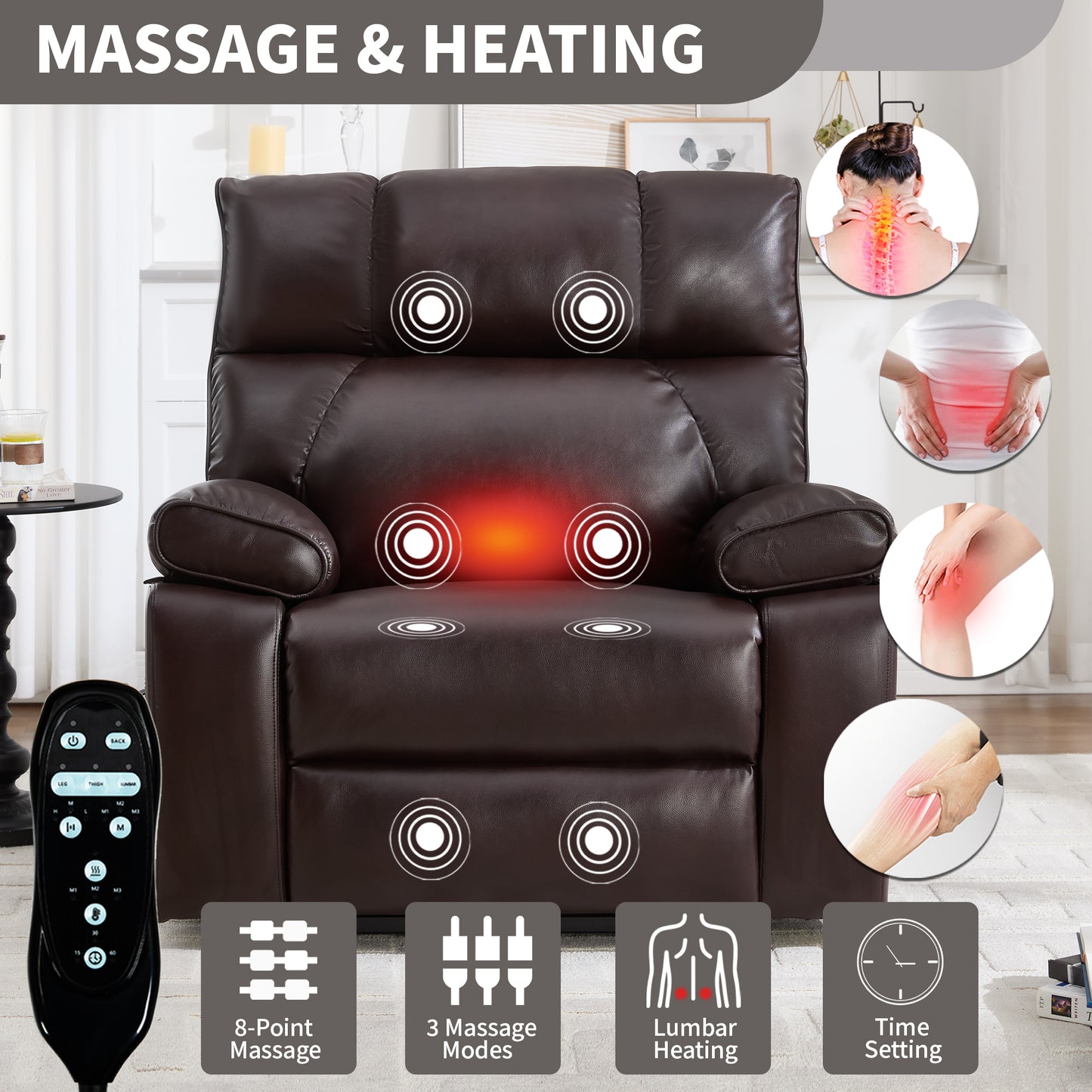 Brown Leatheraire Heat Massage Dual Motor Infinite Position Up to 350 LBS Large Electric Power Lift Recliners with Hidden Cup Holders - detail view 7