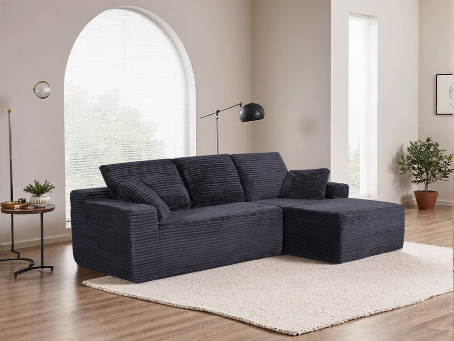 104-in Boneless Corduroy L-Shaped Sofa, Suitable for Family Living Room & Apartment, Black - detail view 2