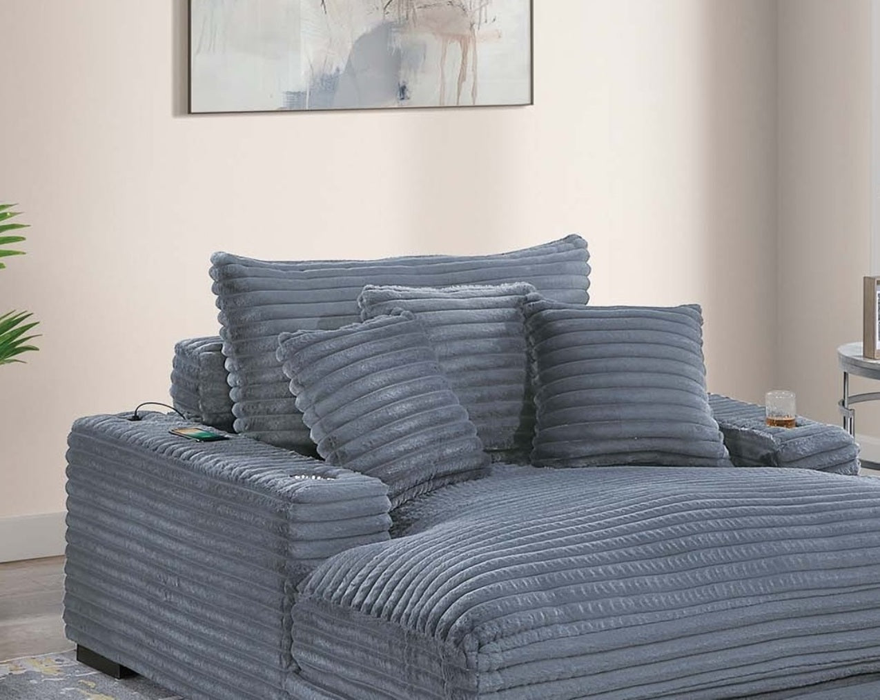 Modern Chaise Lounge W 2/ Cup Holders USB Ports Gray Color Corduroy Wooden Legs Pillows Plush Couch Sofa Chaise - detail view 3
