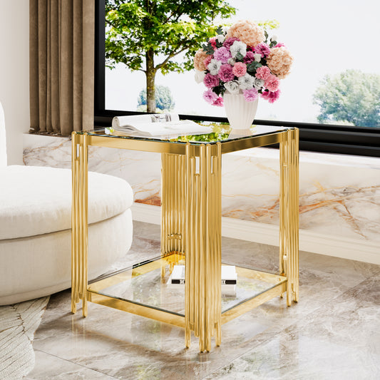 Modern Transparent Glass End Table for Living Room, Square,Asymmetrical Metal, Gold Finish & Lower Shelf, 19.9'