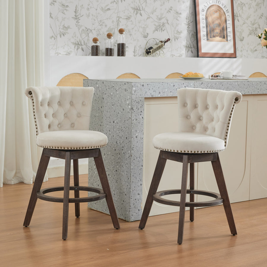 Beige Velvet Tufted Counter Height Stool with Wood Legs (Set of 2)