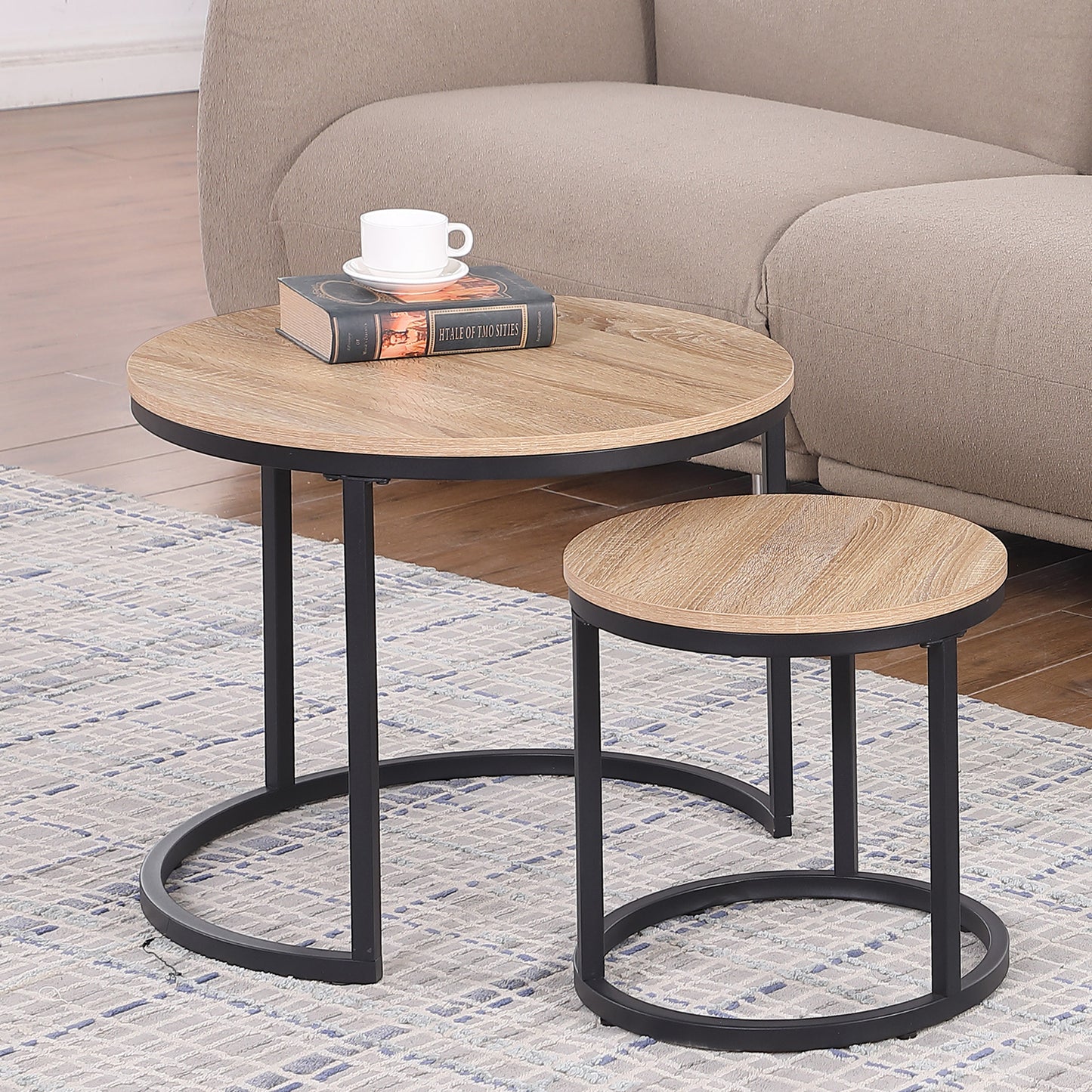 Oak Wood+metal Steel Frame Nesting Tables with Wood Legs - detail view 4
