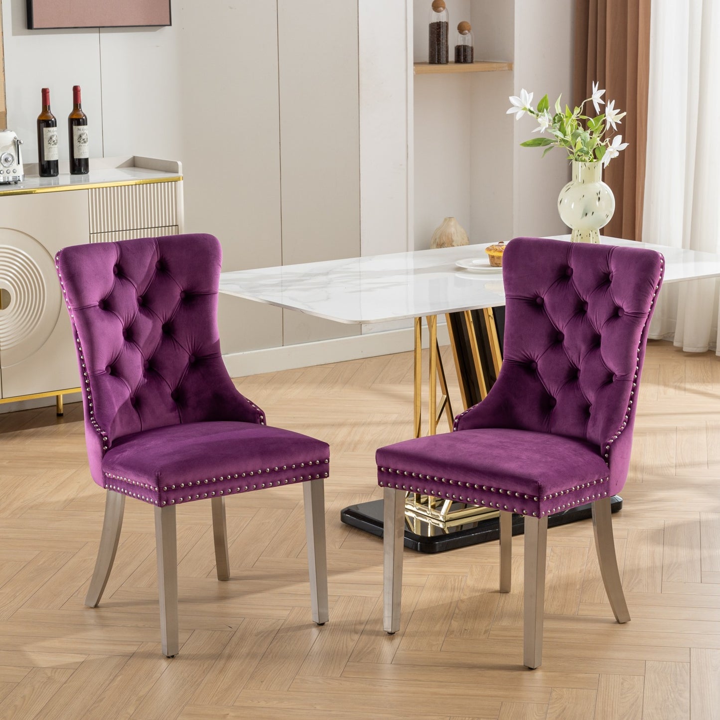 Purple Velvet Tufted Nailhead Trim Dining Chairs with Brushed Silver Legs (Set of 2)