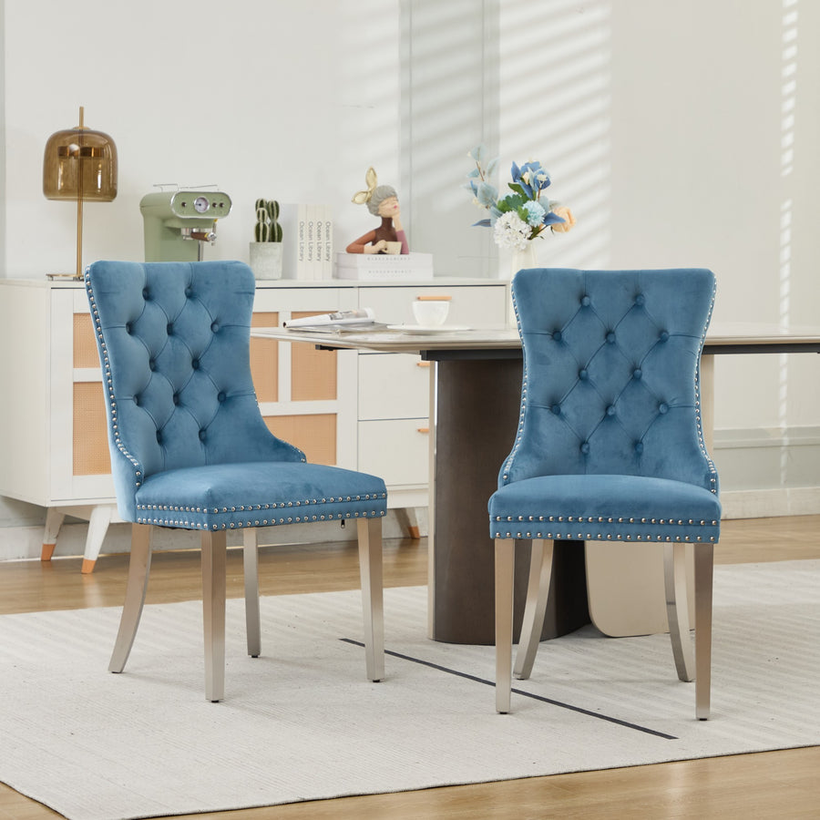 Light Blue Velvet Tufted Nailhead Trim Dining Chairs with Brushed Silver Legs (Set of 2)