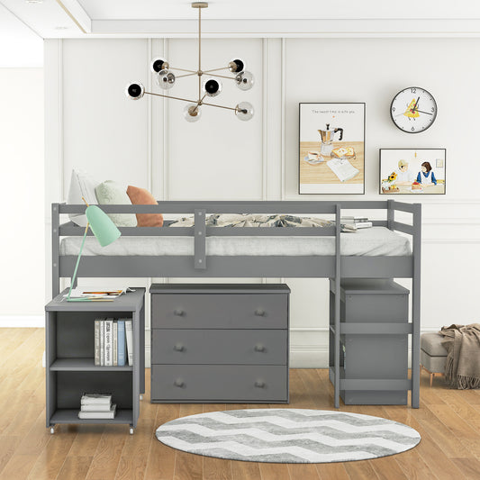 Low Study Twin Loft Bed with Cabinet and Rolling Portable Desk - Gray - detail view 2