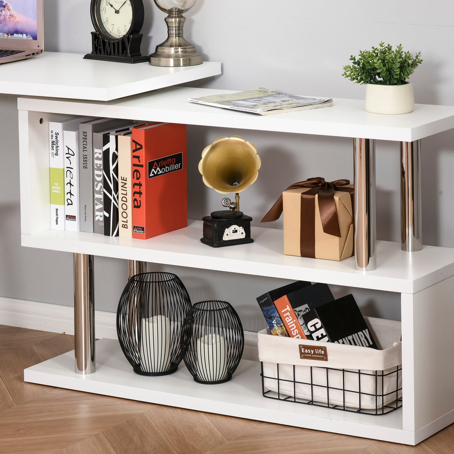 Ellery Rotating Computer Desk, 55" L-Shaped Desk, Corner Desk with Storage Shelves, White