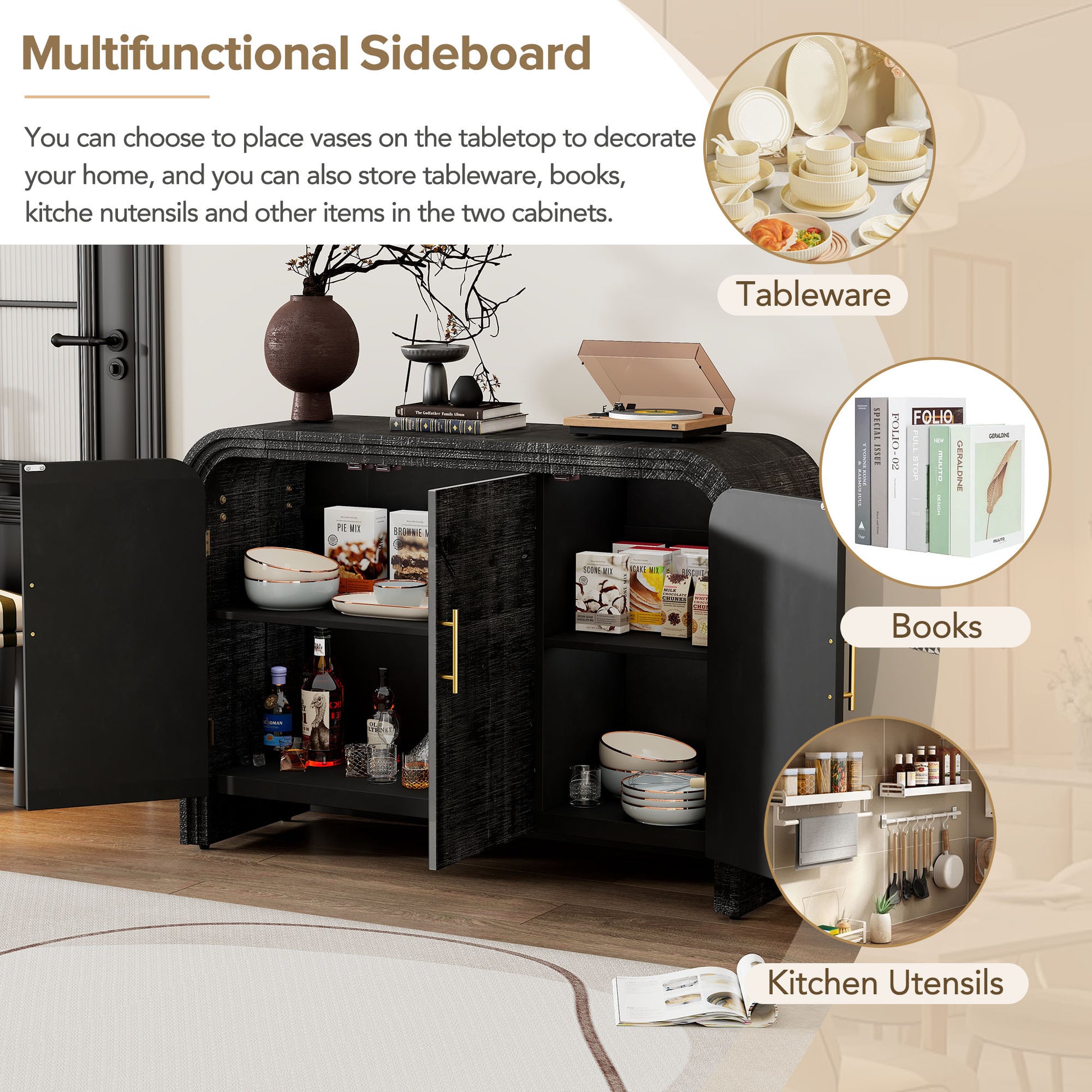 TREXM Retro Minimalist Curved Sideboard with Gold Handles and Adjustable Dividers - Antique Black - detail view 7