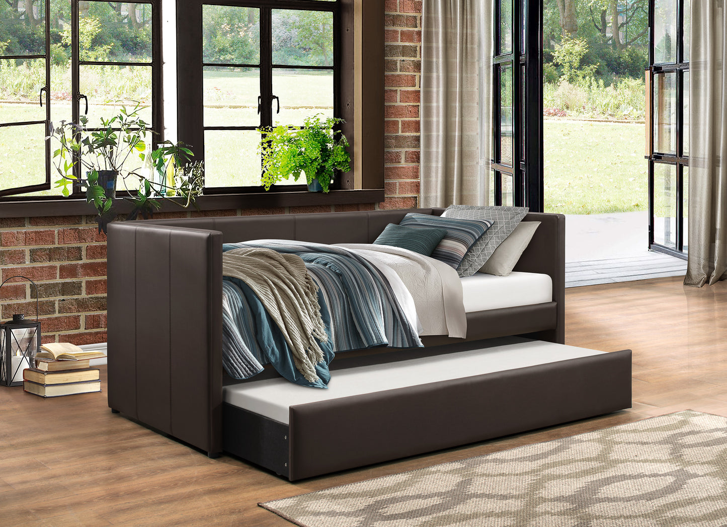 Laken Brown Faux Leather Contemporary Daybed with Trundle