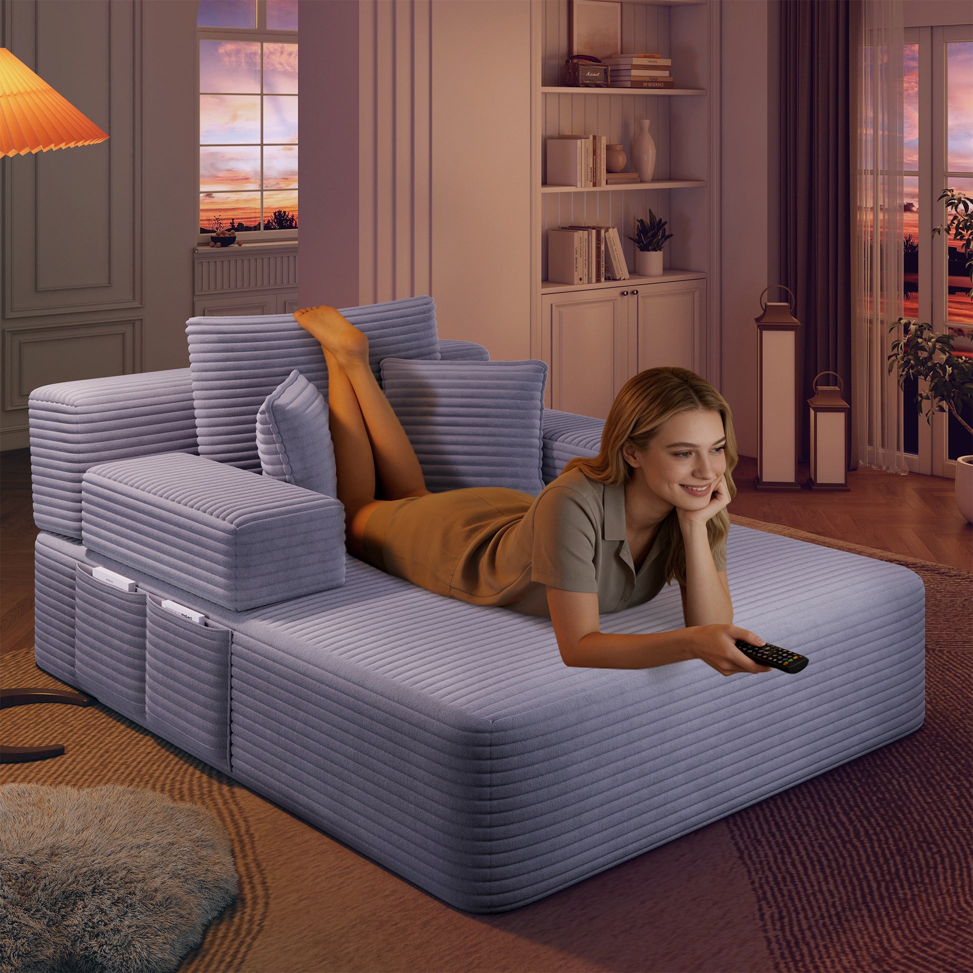 Luxurious Plush Corduroy Chaise Lounge with 3 Pillows - Purple - detail view 4