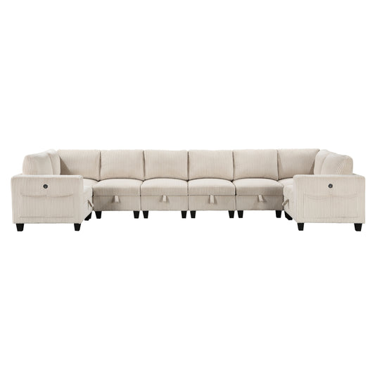 8-Piece Modular Sectional with Storage Seats, Side Pockets, Charging Ports Beige Corduroy Fabric Modern Living Room Sectional Couch Solid Wood Furniture - detail view 2