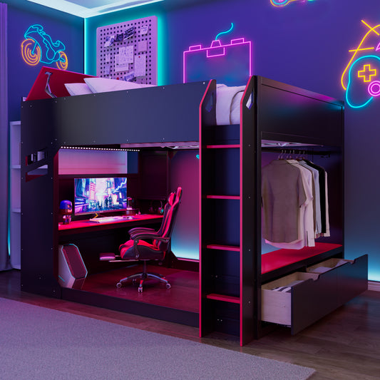 Full Size Wood Loft Bed with Height-Adjustable Desk - Red - primary color shot