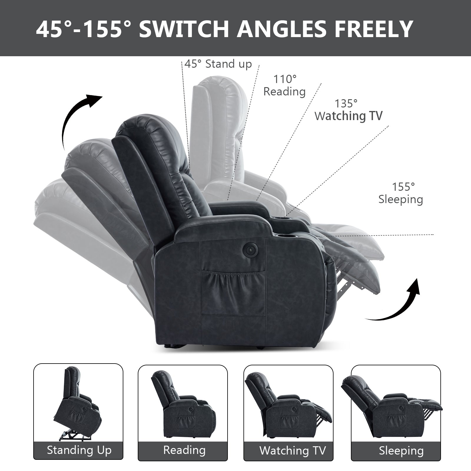 Dark Grey PU Linfinite Position Up to 350 LBS Power Lift Recliner Chair for Elderly - Gray - detail view 5