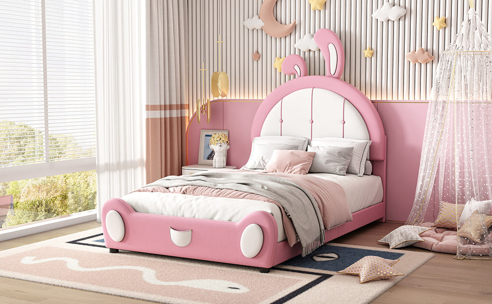Allison Twin Size Upholstered Platform Bed with Rabbit Shaped Headboard, Pink