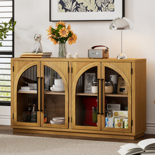 TREXM 4-Door Large Storage Sideboard Buffet Cabinet with Glass Doors - Natural - primary color shot
