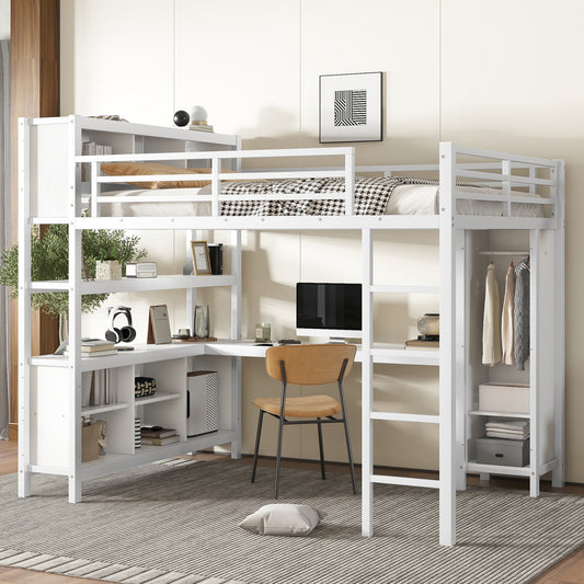 Metal Loft Bed with Wardrobe and L-Shaped Desk - Off White - primary color shot