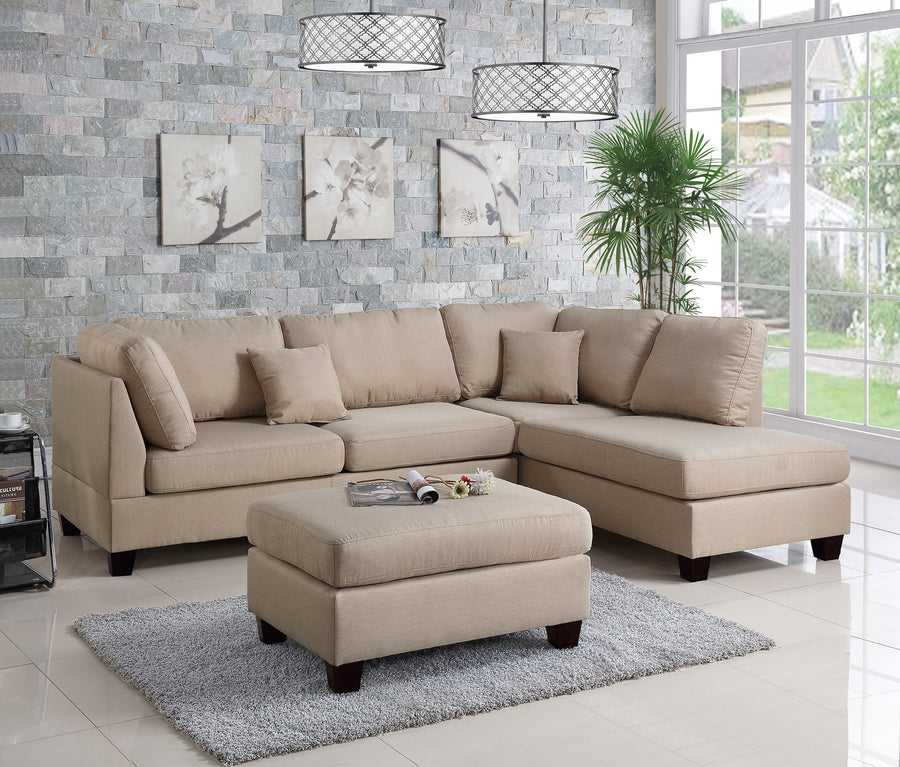 Sand Color 3pcs Sectional Living Room Furniture Reversible Chaise Sofa And Ottoman Polyfiber Linen Like Fabric Cushion Couch - primary color shot